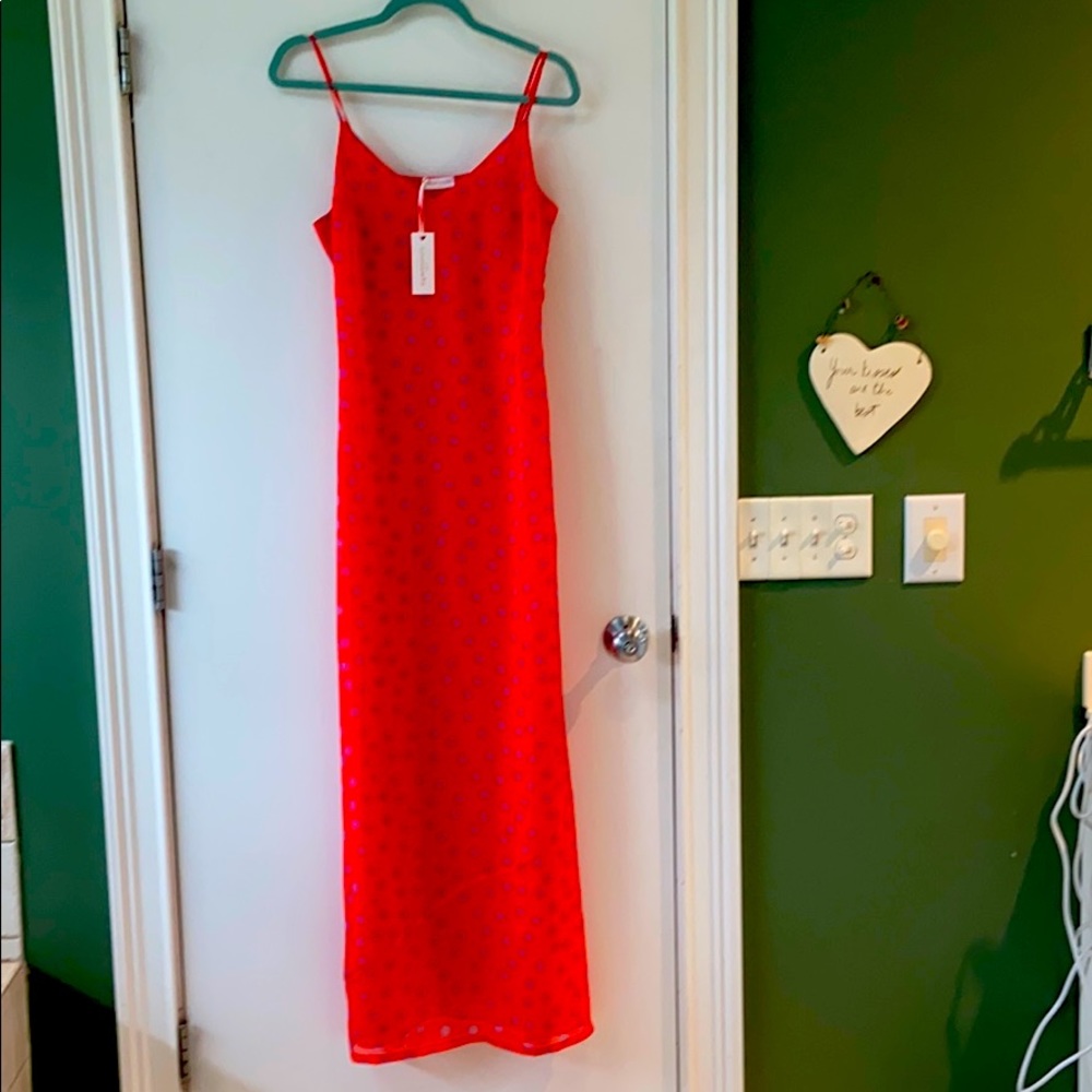 Cherry pink/red slip dress-lavender polka dots